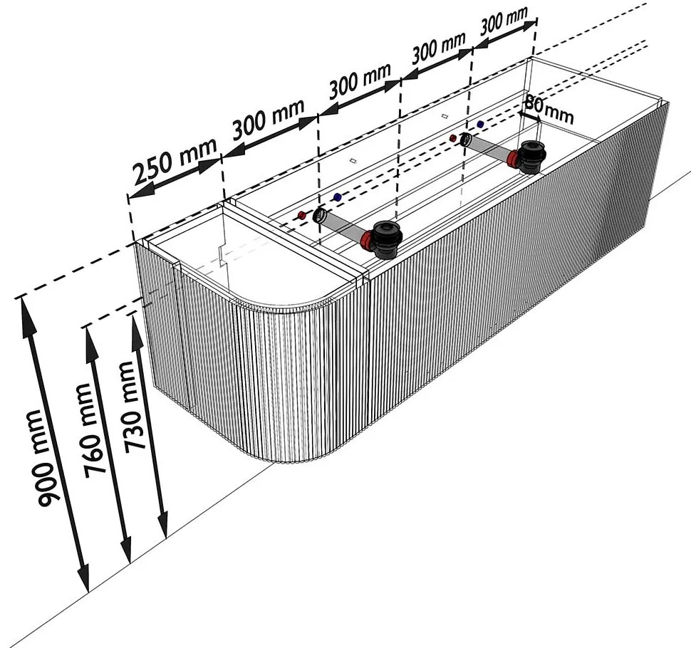 Mondiaz Kurve-dlux 145cm badmeubel ronding links ruby met 1 lade en deur en wastafel leaf dubbel/rechts 2 kraangaten opalo