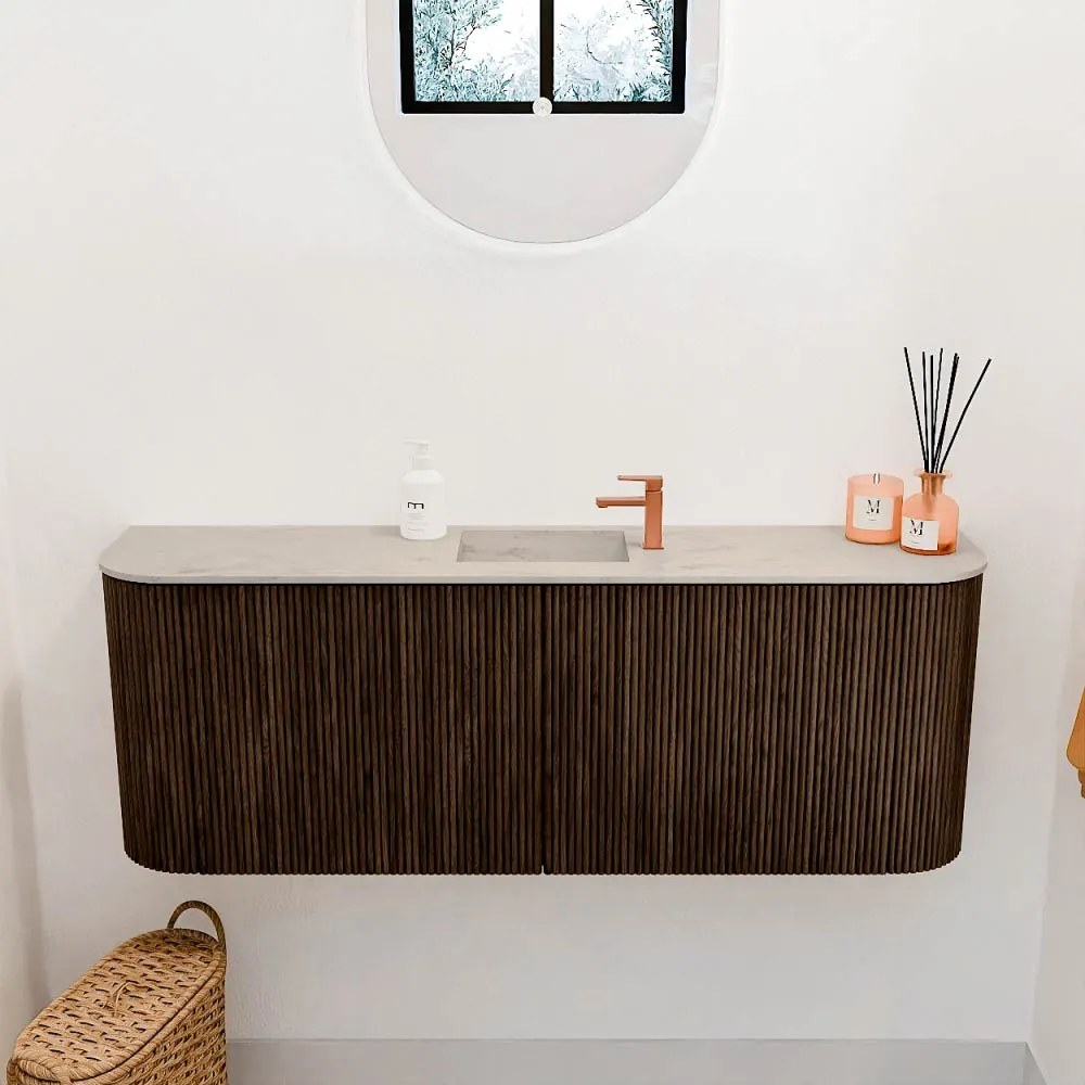 Mondiaz Joya DLux 115cm toiletmeubel ronding links/rechts walnut met wastafel faye midden 1 kraangat opalo