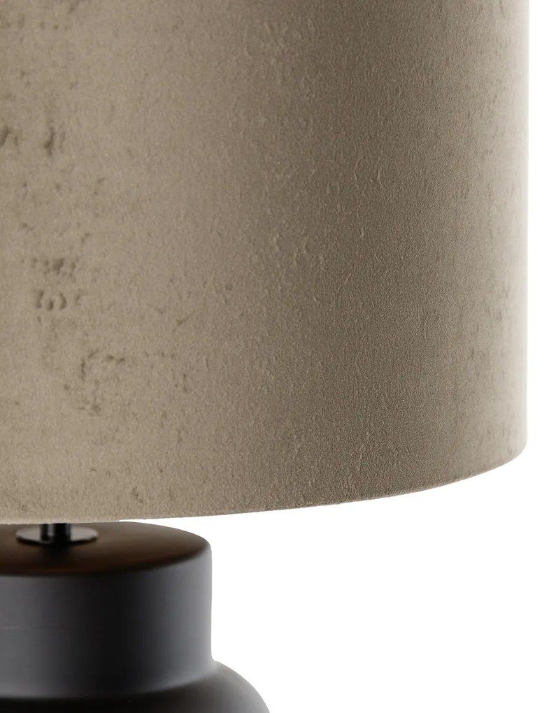 Design tafellamp zwart 17 cm velours kap taupe met goud 35 cm - Alisia Design E27 rond Binnenverlichting Lamp