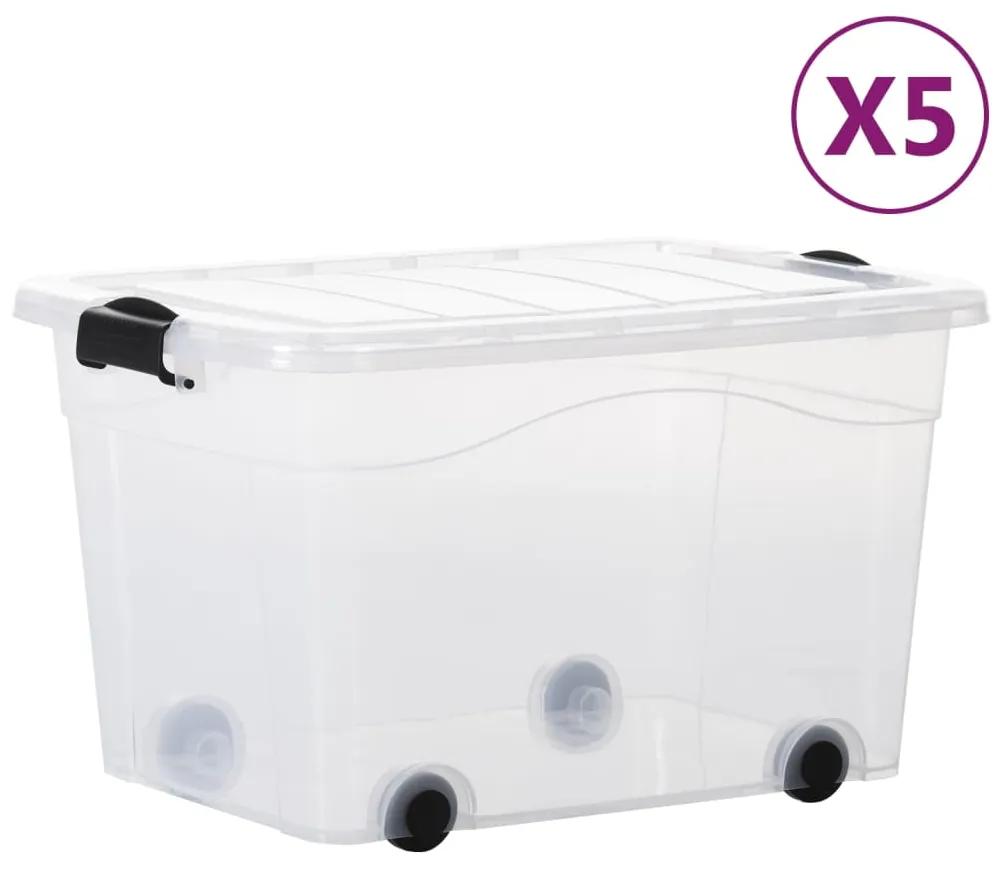 vidaXL Opbergboxen 5 st met wieltjes en deksels 60 L transparant
