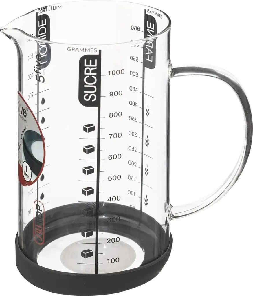 5Five Maatbeker 1L – Glas – Mengbeker met schaalverdeling – Hittebestendig – Transparant
