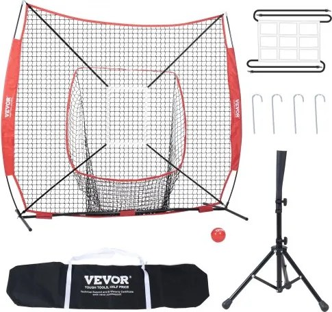 VEVOR 244 x 106 x 211 cm honkbal-softbal oefennet, draagbaar honkbal trainingsnet, slaan, vangen, pitchen, vangnet honkbaluitrusting met boogframe, draagtas, slagzone, rode bal.