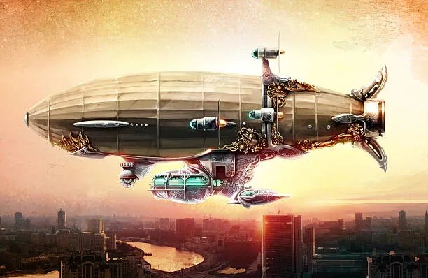 Ilustratie Dirigible balloon in the sky over a city, Rustic