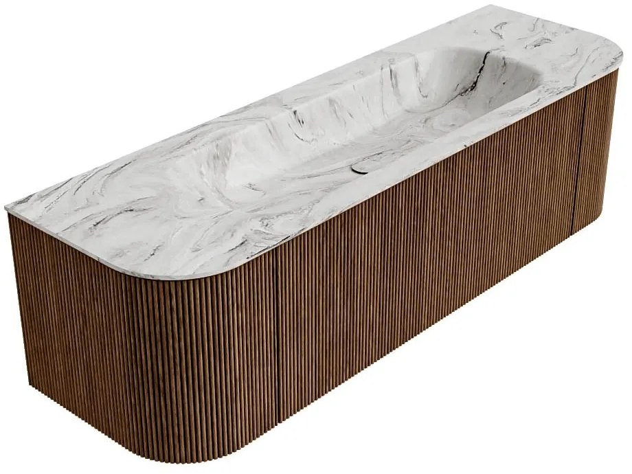 Mondiaz Kurve-dlux 150cm badmeubel ronding links/rechts walnut met 1 lade en 2 deuren en wastafel big medium midden zonder kraangat glace