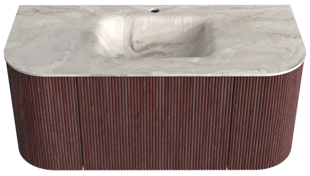 Mondiaz Kurve-dlux 100cm badmeubel ronding links/rechts ruby met 1 lade en 2 deuren en wastafel grunne midden 1 kraangat frappe