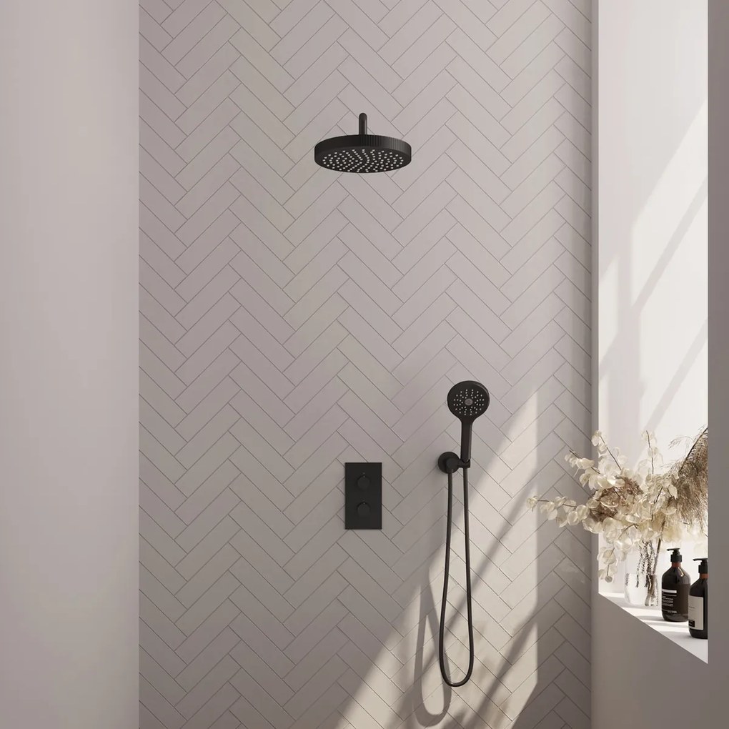 Brauer Stripe inbouw regendouche met 25cm hoofddouche, gebogen muurarm en 3 standen handdouche set 17 zwart mat