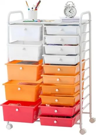 VEVOR rolwagen met 15 laden, dubbele rij, 630x385x965mm, rood kleurverloop, metalen frame, plank, handgrepen, zwenkwielen met 2 remmen, verrijdbare ladewagen voor kantoor, werkplaats, hobbyruimte
