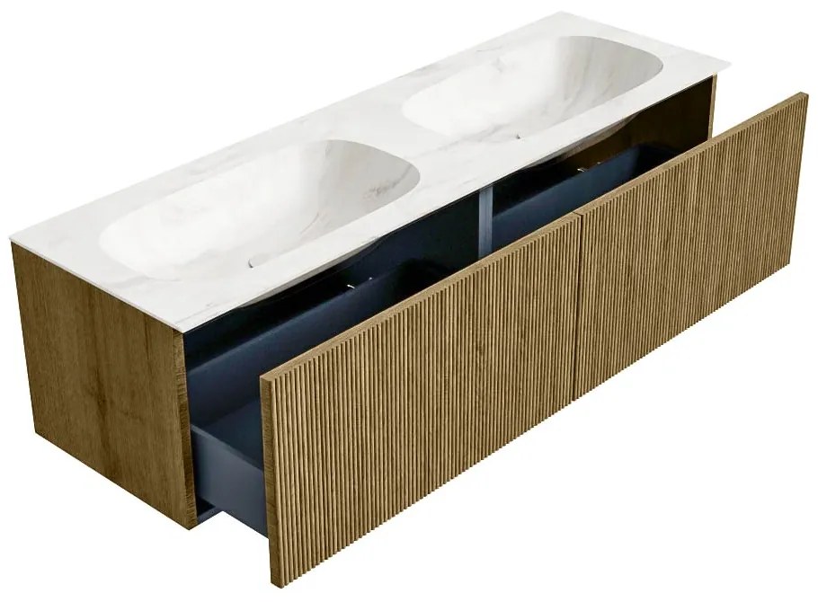 Mondiaz Kurve-dlux 150cm badmeubel dusk met 2 lades en wastafel stor small dubbel 2 kraangaten ostra