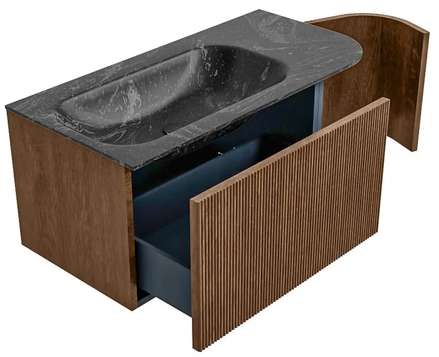 Mondiaz Kurve-dlux 95cm badmeubel ronding rechts walnut met 1 lade en deur en wastafel big small kraangat links lava