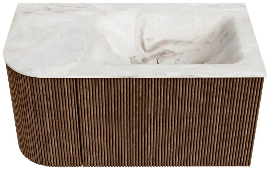 Mondiaz Kurve-dlux 85cm badmeubel ronding links walnut met 1 lade en deur en wastafel cloud kraangat rechts frappe