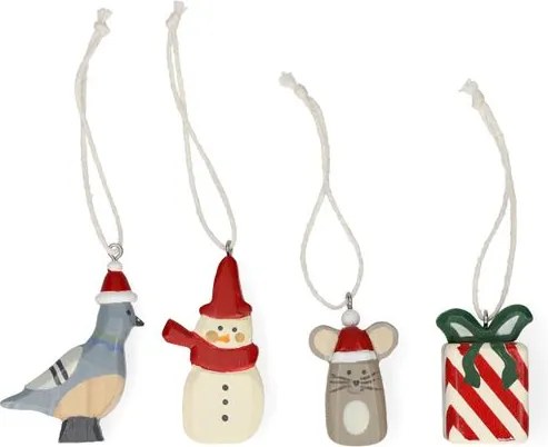 Hangers, hout, set van 4 (duif,muis,cadeau en sneeuwpop)