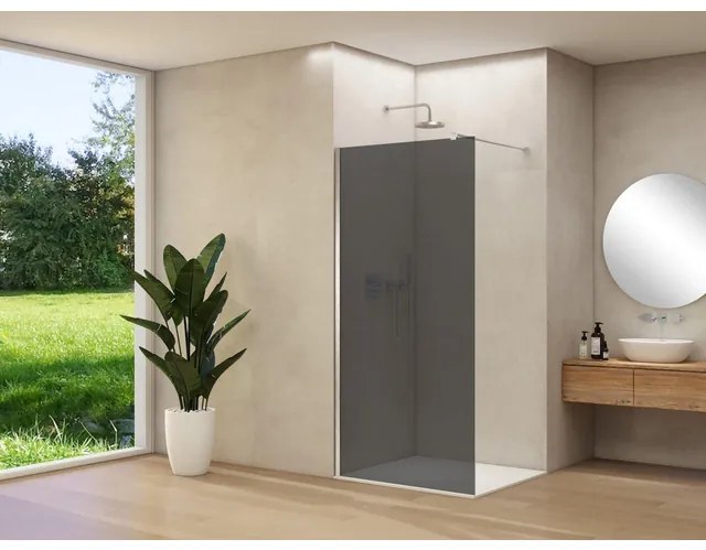 Van Rijn Products ST01 vaste wand - 88x200cm - grijs rookglas - - dikte 8mm - stabilisatiestang - muurprofiel - Chroom ST0150090GRCHM