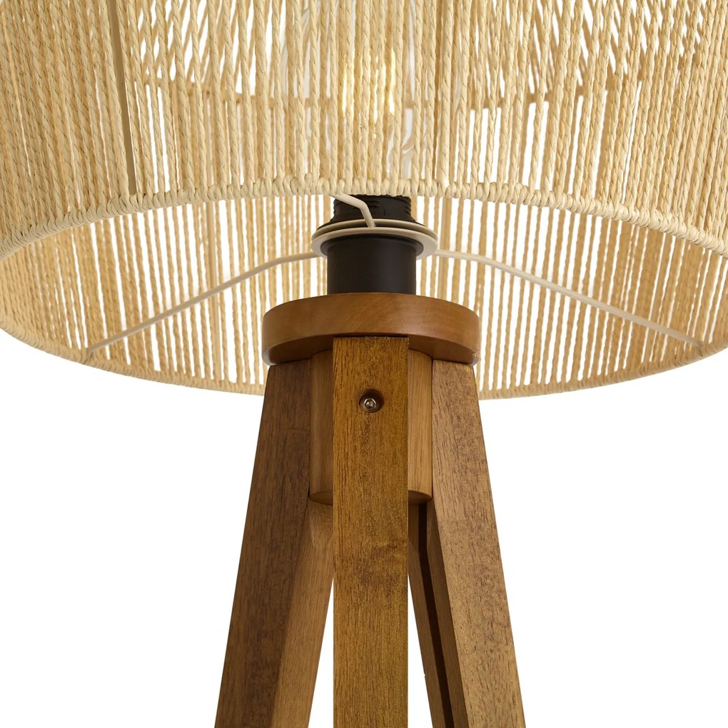 Vloerlamp vintage hout met bruine papieren touw kap 50/50/30 - Tripod Classic
