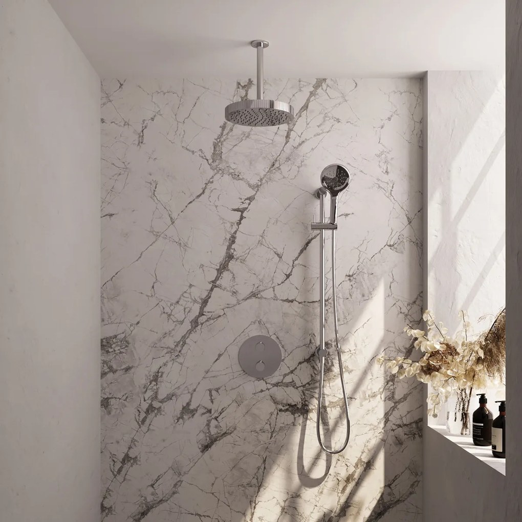 Brauer Stripe inbouw regendouche rond met 25cm hoofddouche, rond met plafondarm, glijstang en 3 standen handdouche set 48 chroom