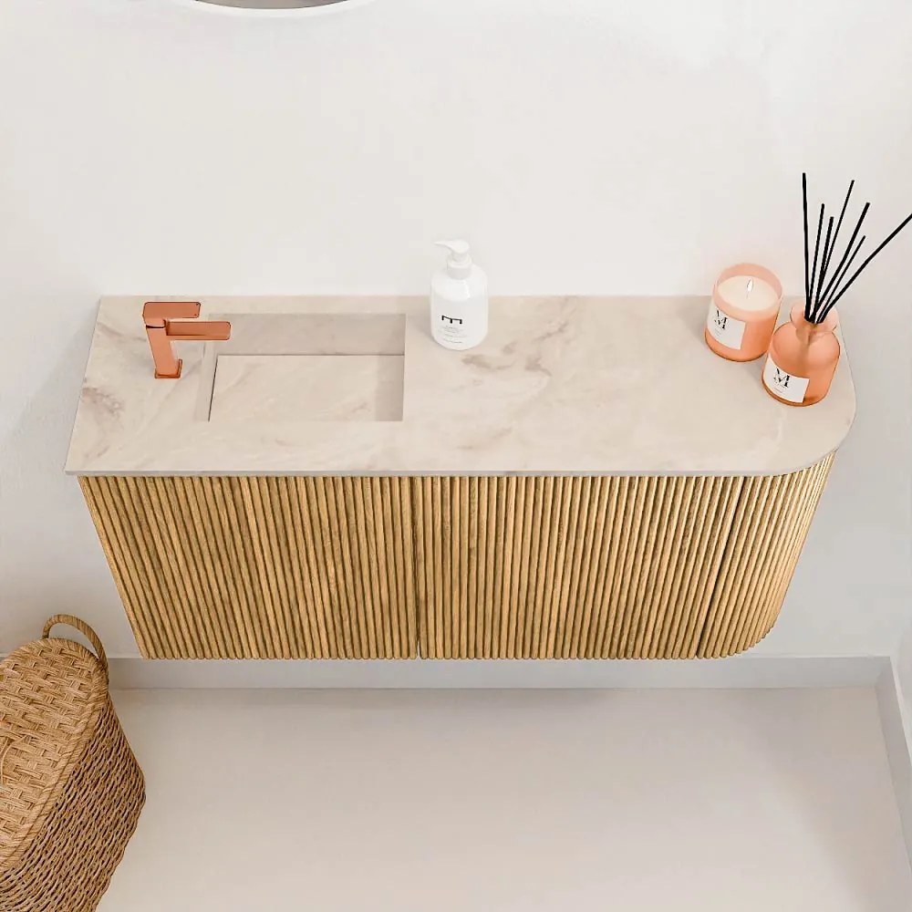 Mondiaz Joya DLux 80cm toiletmeubel ronding rechts oak met wastafel faye links 1 kraangat frappe