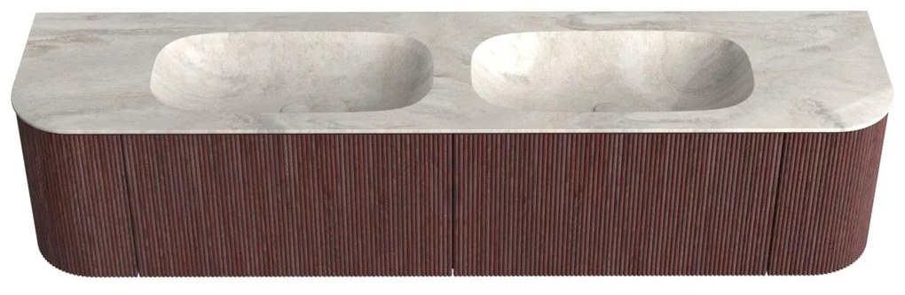 Mondiaz Kurve-dlux 190cm badmeubel ronding links/rechts ruby met 2 lades en deuren en wastafel stor small dubbel zonder kraangat ostra