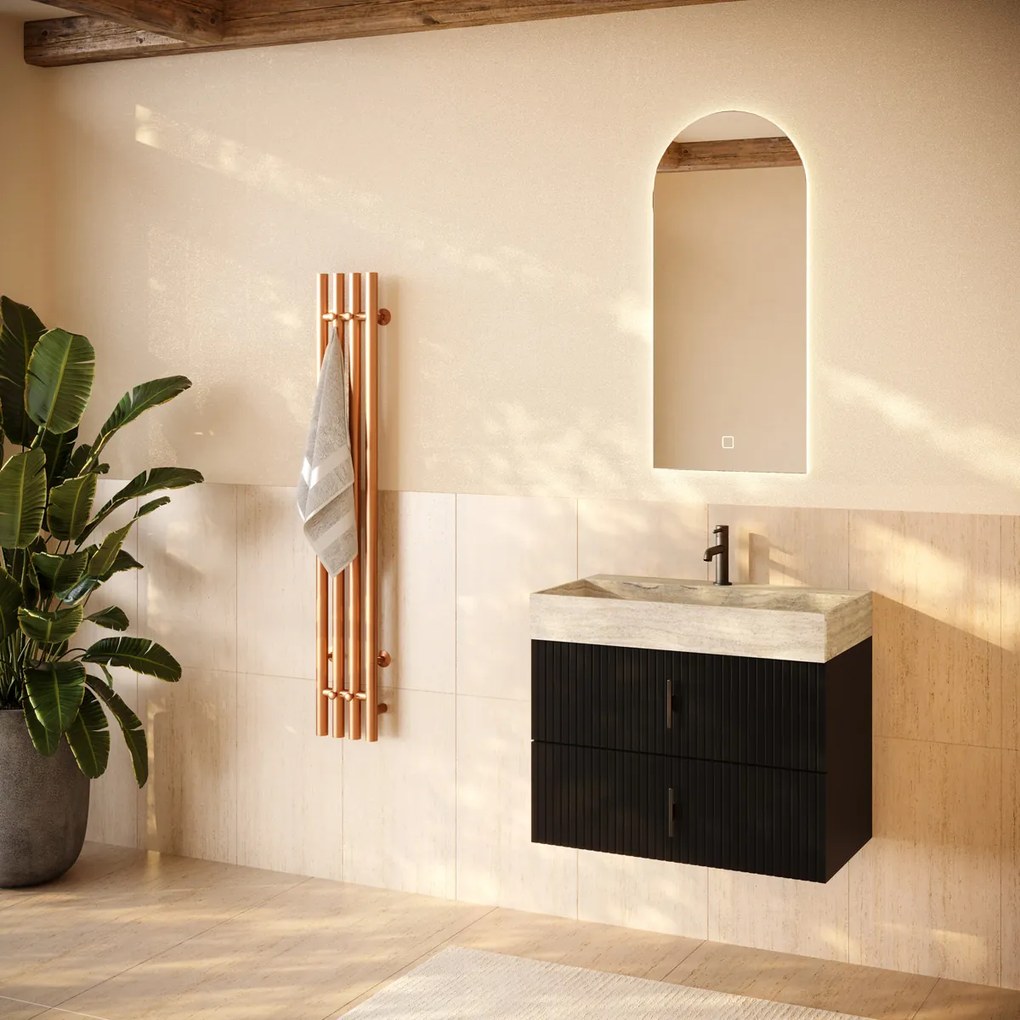 Muebles Murcia badmeubel ribbelfront 80cm zwart mat met White Travertin wastafel met kraangat
