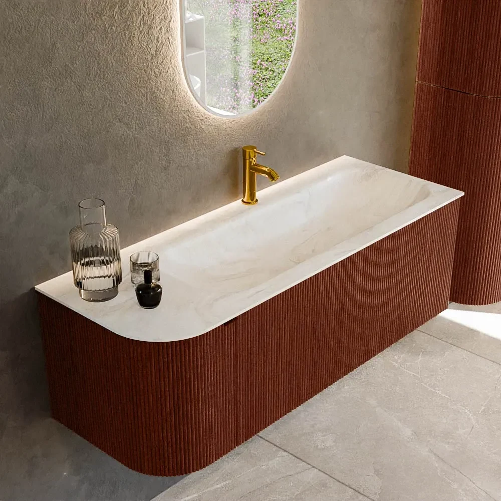 Mondiaz Kurve-dlux 125cm badmeubel ronding links ruby met 1 lade en deur en wastafel big medium kraangat rechts ostra