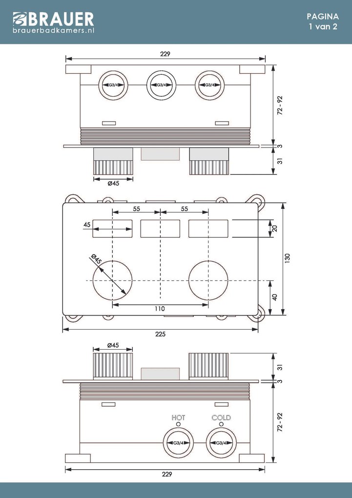 Brauer Stripe 3-weg inbouwthermostaat met drukknoppen RVS geborsteld PVD
