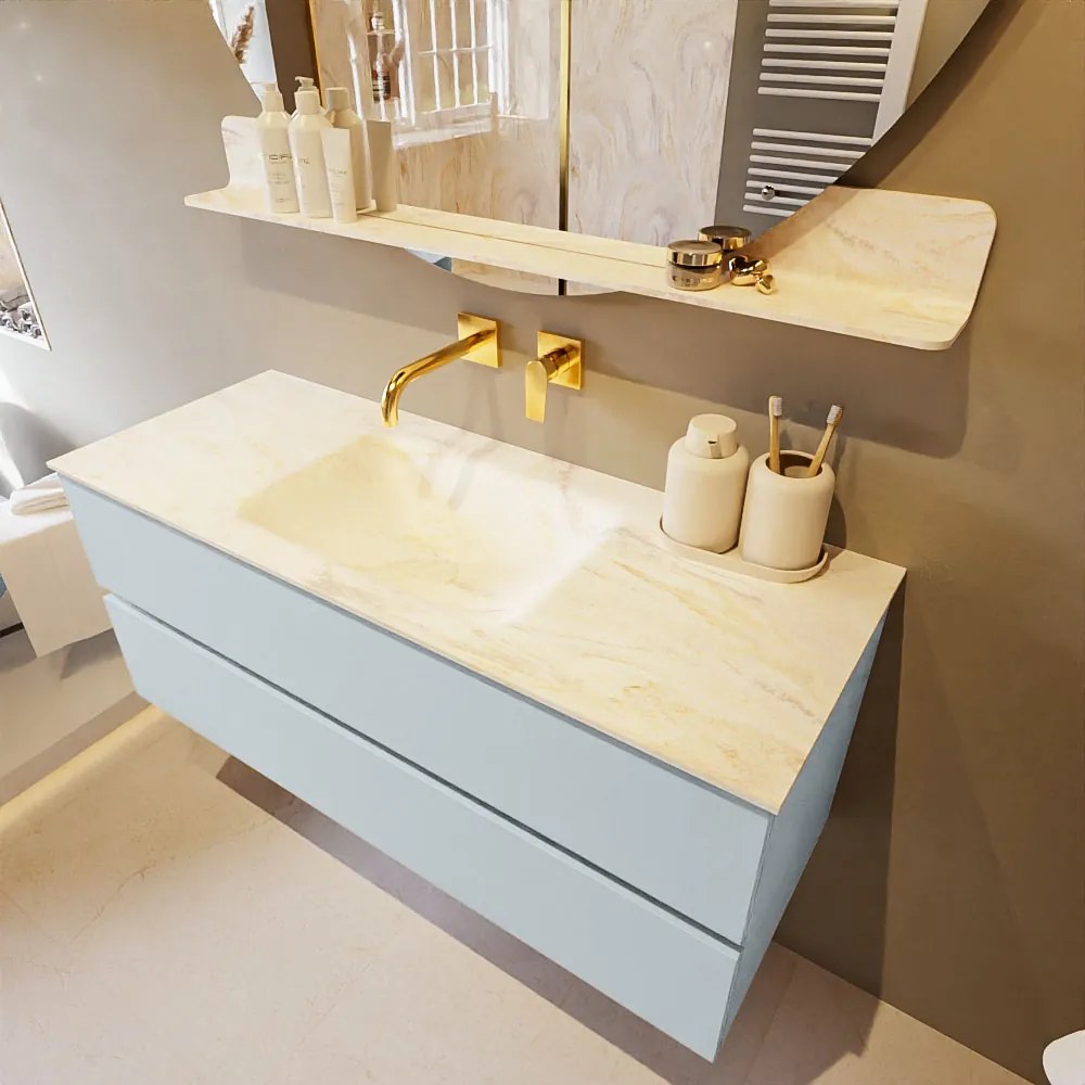 Mondiaz Vica DLux badmeubel 120cm clay 2 lades met wastafel ostra midden zonder kraangat