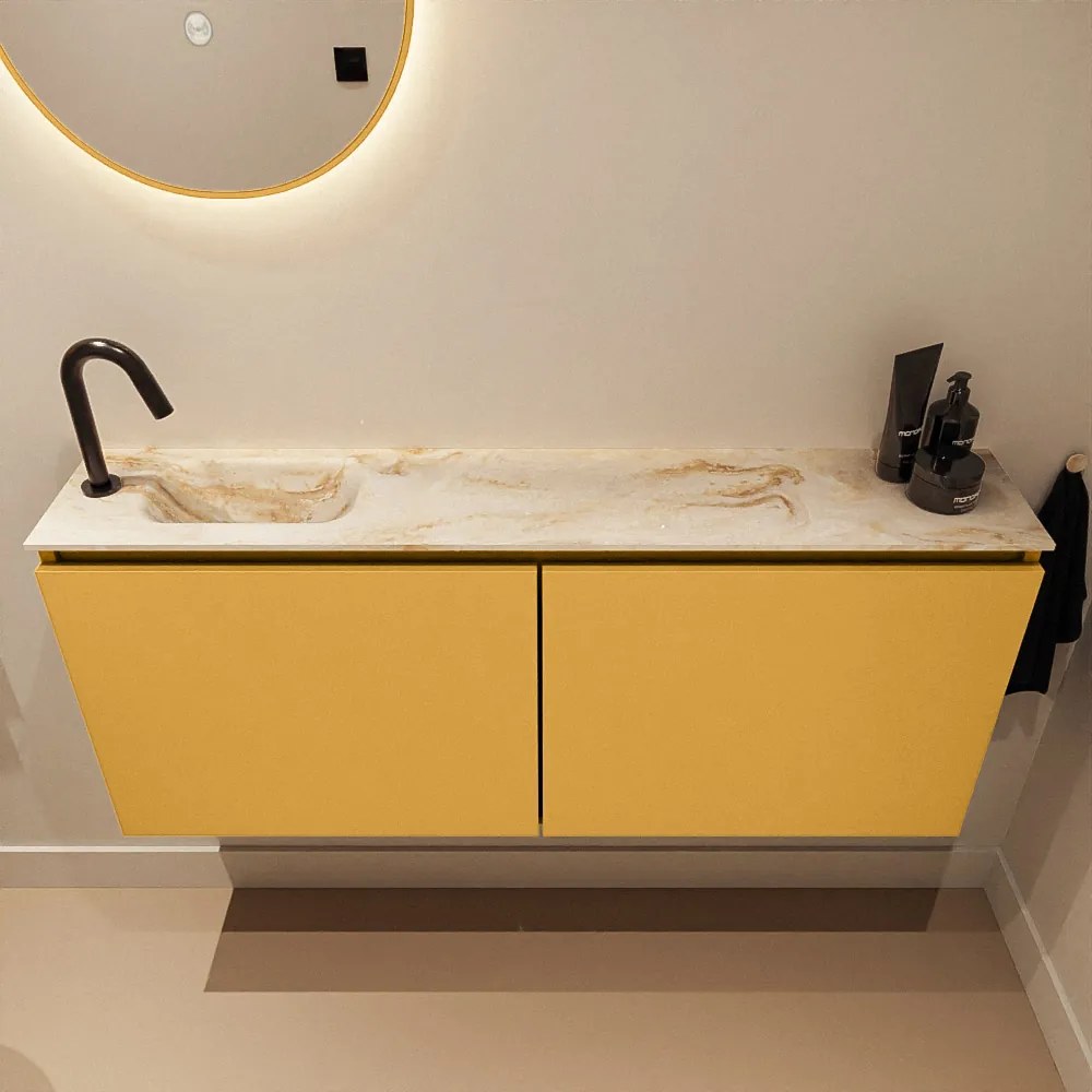 Mondiaz Ture DLux toiletmeubel 120cm ocher met wastafel frappe links met kraangat