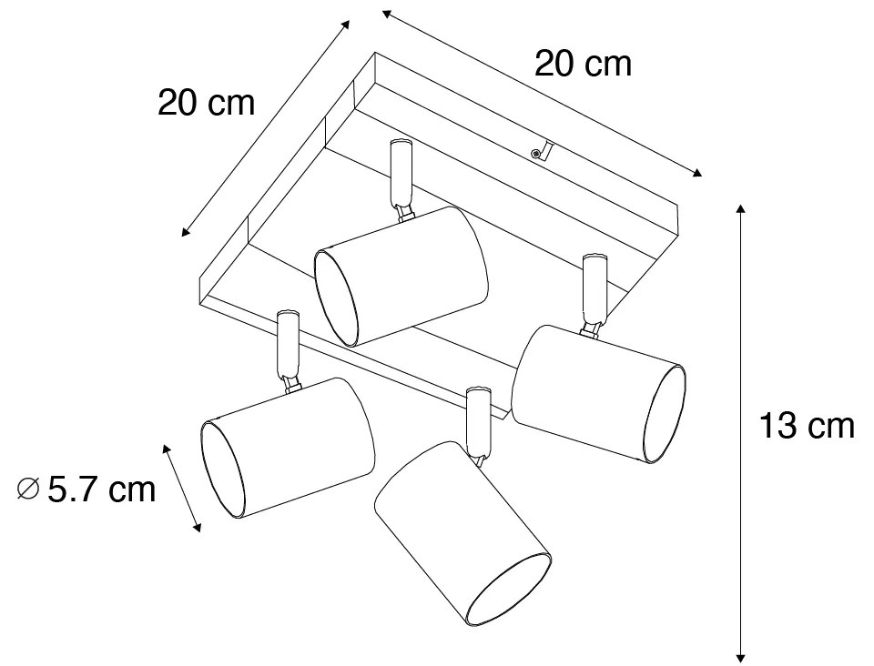 Plafondlamp zwart met hout 4-lichts verstelbaar rechthoekig - Jeana Modern, Industriele / Industrie / Industrial GU10 vierkant Binnenverlichting Lamp