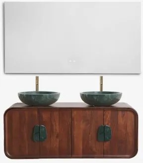 Dubbel Zwevend Badkamermeubelset 130x45 Cm Van Mangohout En Natuurlijke Kivalina-steen Groen Marmer Uit Udaipur - Donker Mangohout & 2 X Onde Groene -