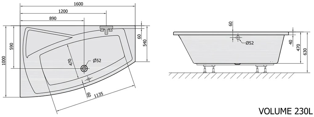 Polysan Evia asymmetrisch bad links 160x100x47cm