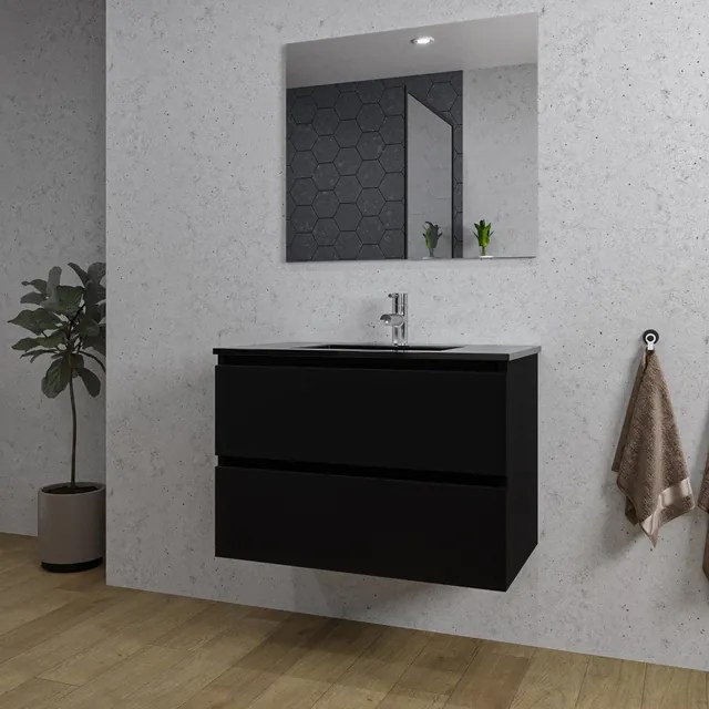 Adema Chaci Badkamermeubelset - 80x46x55cm - 1 keramische wasbak zwart - 1 kraangat - 2 lades - rechthoekige spiegel - mat zwart SW1212768/SW761655/SW724611