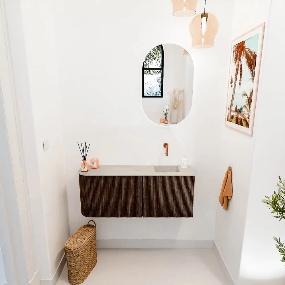 Mondiaz Joya DLux 100cm toiletmeubel ronding links walnut met wastafel faye rechts zonder kraangat opalo