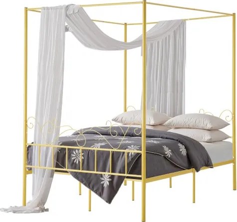 VEVOR Queen Size Hemelbedframe, Metalen Hemelbed met Minimalistisch Hoofdbord en Hemelbedontwerp, Stevige Stalen Lattenbodem (Rond), Opbergruimte onder het Bed, Geen Boxspring Nodig, Goud
