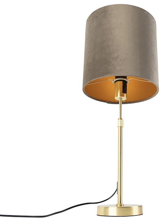 Stoffen Tafellamp goud/messing met velours kap taupe 25 cm - Parte Landelijk / Rustiek E27 cilinder / rond rond Binnenverlichting Lamp