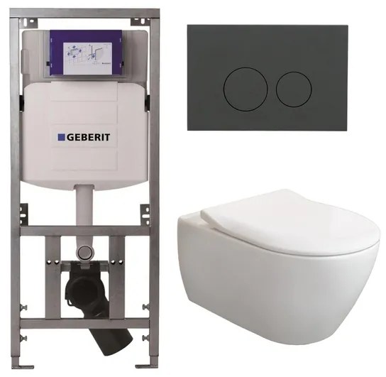 Villeroy & Boch Subway 2.0 DirectFlush CeramicPlus toiletset slimseat zitting met Geberit reservoir en bedieningsplaat mat antraciet met ronde knoppen wit 0701131/SW1102376/ga26033/ga91964/