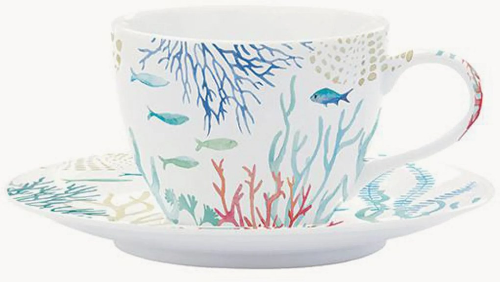 Porseleinen koffiekopjes Under The Sea met schoteltjes, Set van 2