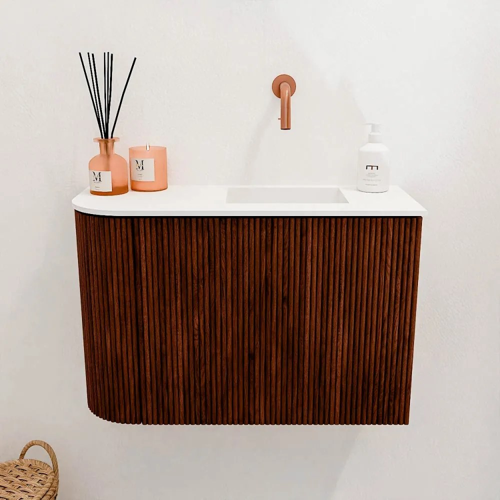 Mondiaz Joya 60cm toiletmeubel ronding links ruby met wastafel faye rechts zonder kraangat talc
