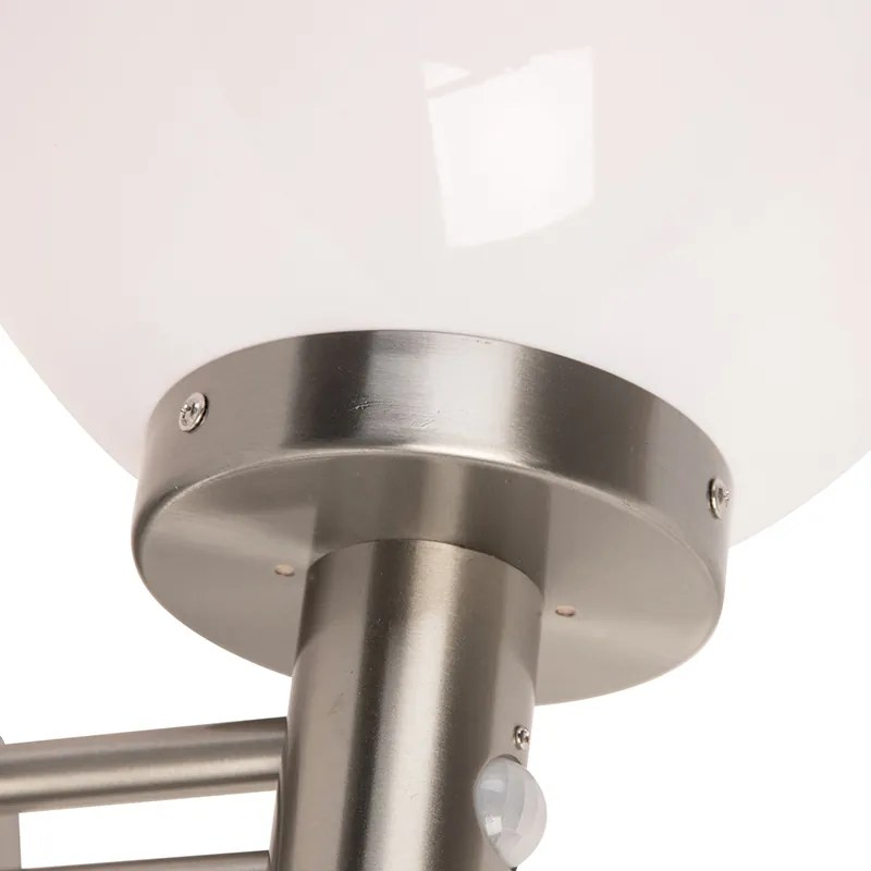Buitenwandlamp staal RVS IP44 met bewegingsmelder en kunststof bol - Sfera