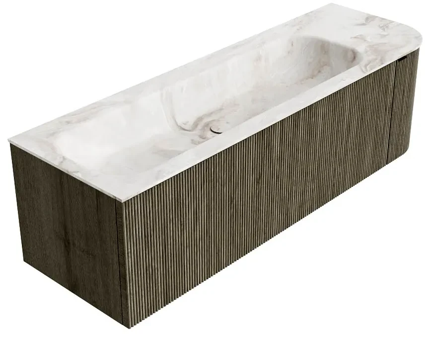 Mondiaz Kurve-dlux 145cm badmeubel ronding rechts shadow met 1 lade en deur en wastafel big large links zonder kraangat frappe