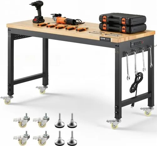 VEVOR Werkbank 1220x610x711-1003mm, 907 Draagvermogen, Werkbank met Stopcontact, Wielen en Pegboard, Robuuste Werktafel met Eikenhouten Blad voor Garage, Werkplaats, Kantoor en Thuis