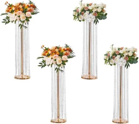 VEVOR Set van 4 bloemenkrukken 20x20x90cm Bloemenstandaard IJzeren bijzettafel Moderne kristallen vaas Goudkleurige galvanische plantenkruk Plantenstandaard Metalen standaard voor decoratie van bars, hotels en cafés