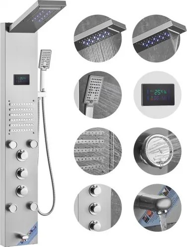 VEVOR Douchepaneelsysteem, 6 douchestanden, LED- en schermwaterkracht-douchepaneeltoren, regenval, waterval, 5 massagestralen, baduitloop, handdouche, wandgemonteerde roestvrijstalen doucheset