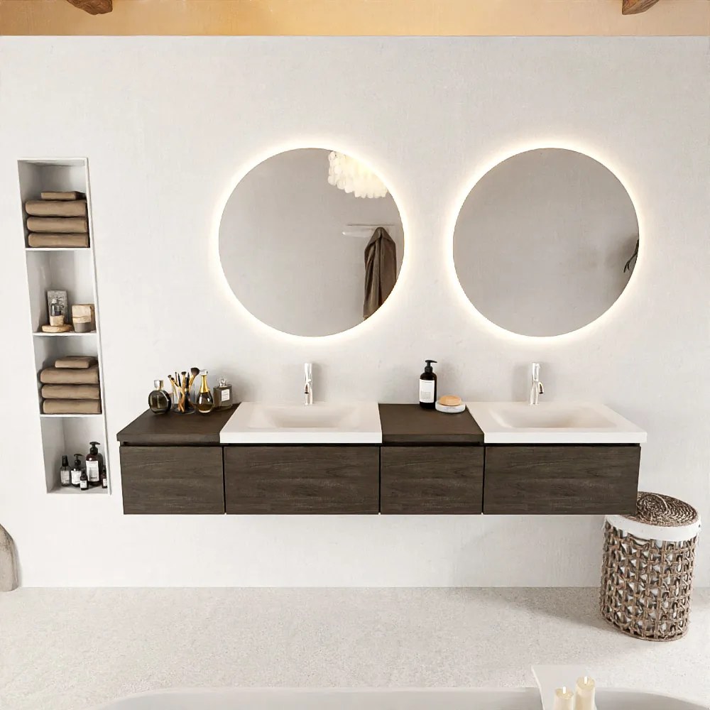Mondiaz Bukla 200cm badmeubel met module 40 rechts Dark Brown met 4 lades wastafel Cloud dubbel 2 kraangaten Talc