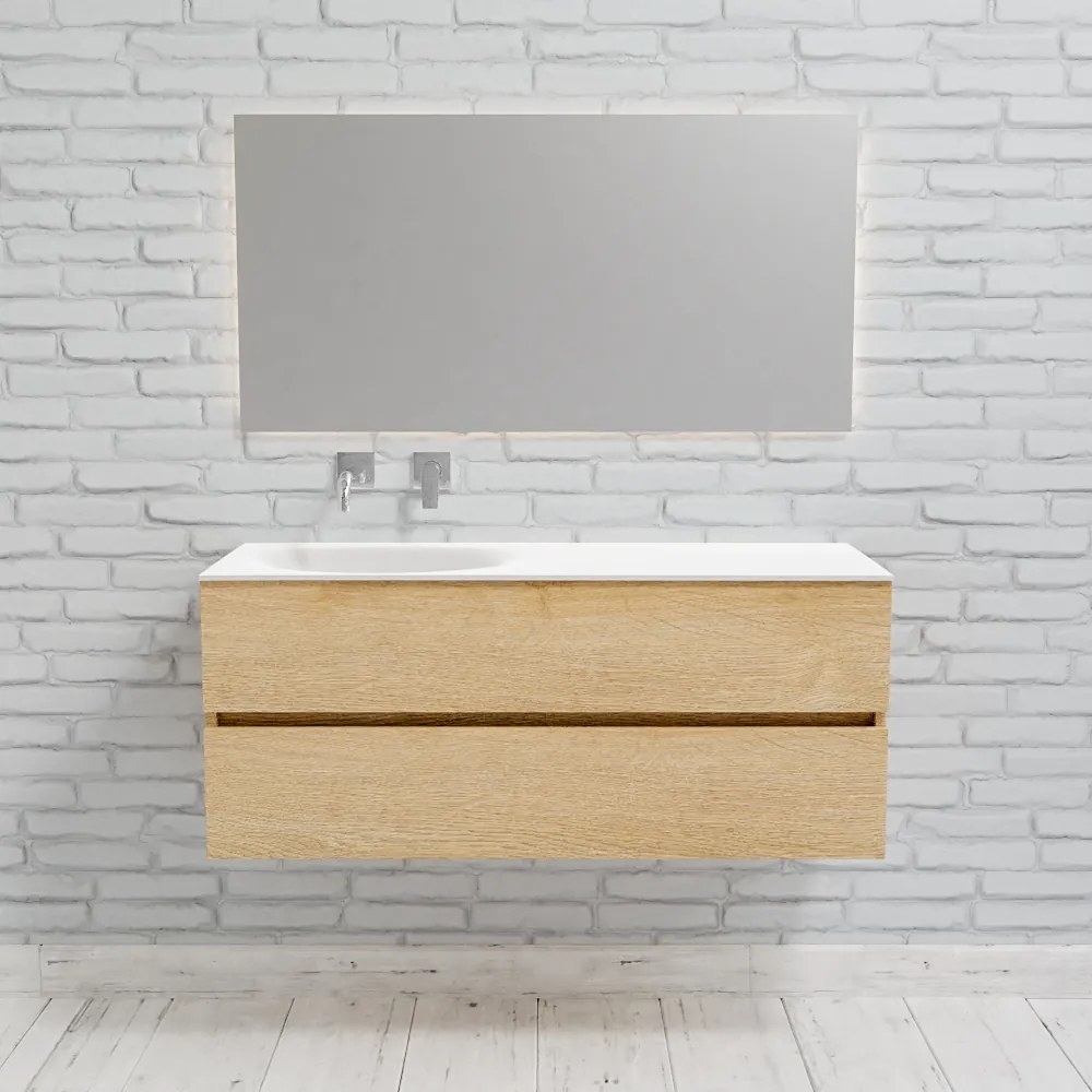 Zaro Sevilla Solid Surface badmeubel 120cm licht eiken zonder kraangat spoelbak links met 2 lades
