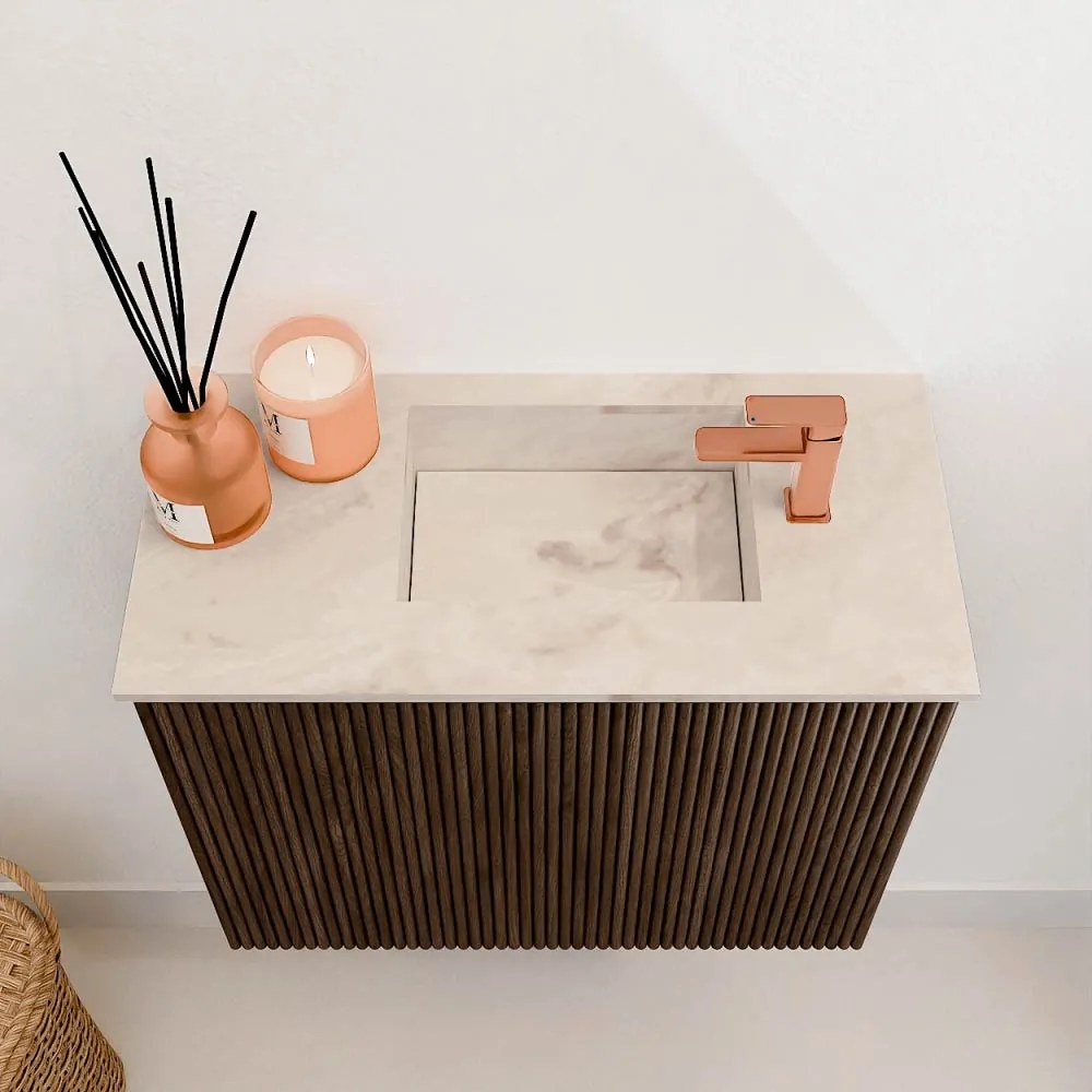 Mondiaz Joya DLux 50cm toiletmeubel walnut met wastafel faye rechts 1 kraangat frappe