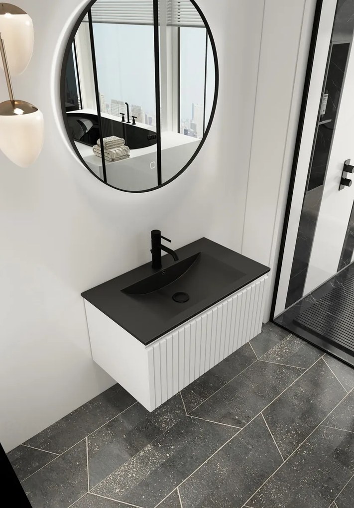 Fontana Lento wit badkamermeubel ribbelfront met zwarte wastafel 80cm 1 kraangat en ronde spiegel