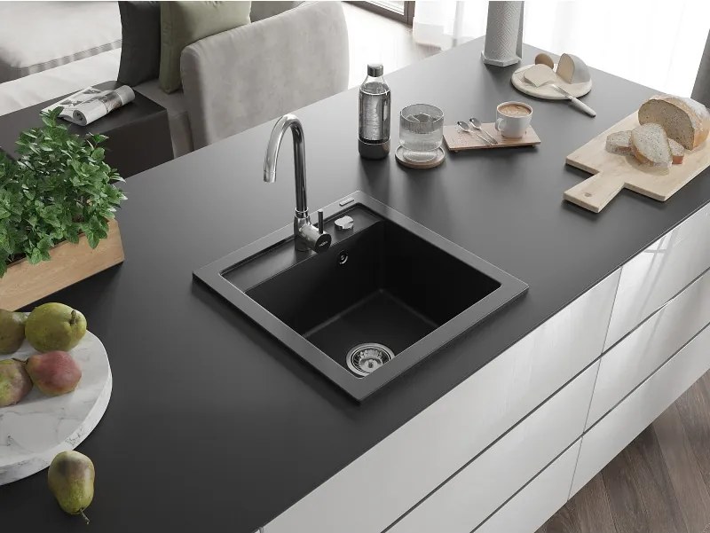 Mexen Vito granieten gootsteen 1-kamerig 520 x 490 mm, zwart, chromen sifon - 6503521000-77
