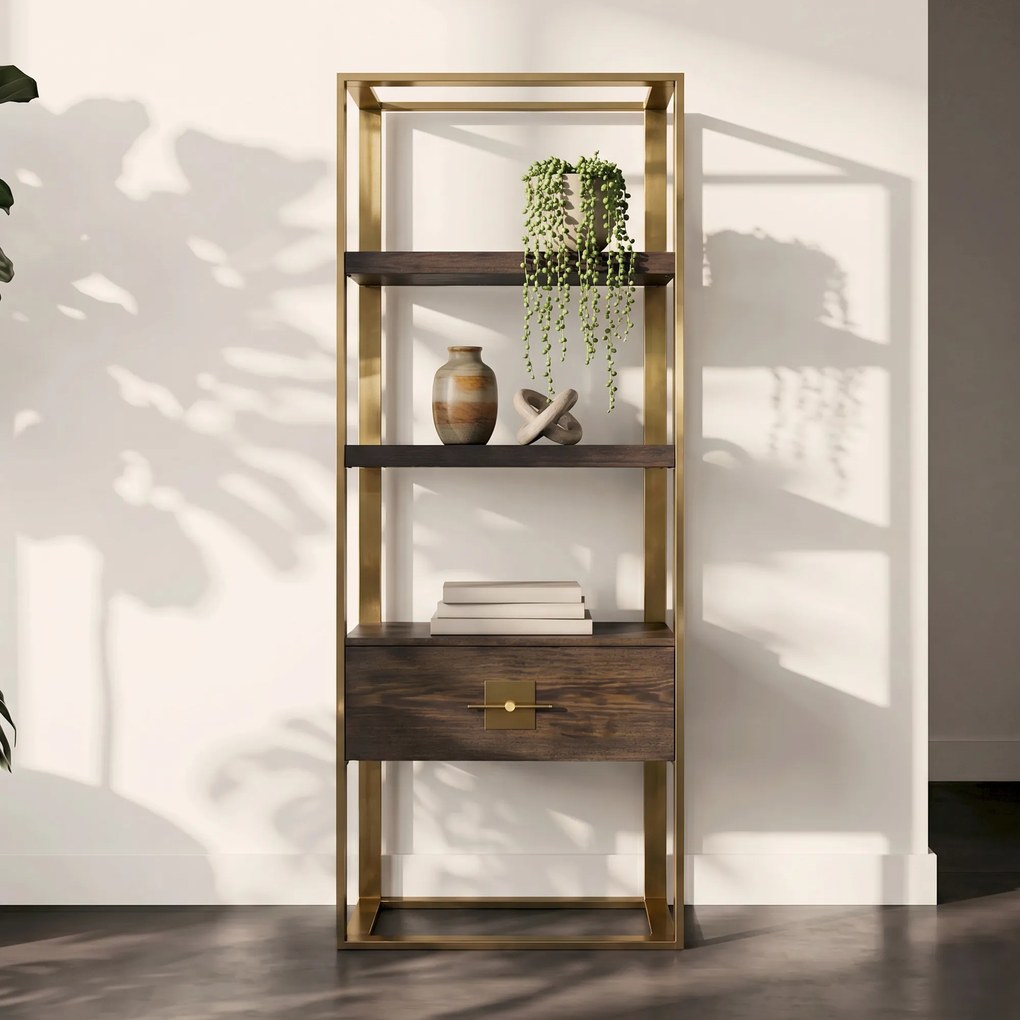 Open Wandkast Messing Met Hout - 82.4x45x210cm.