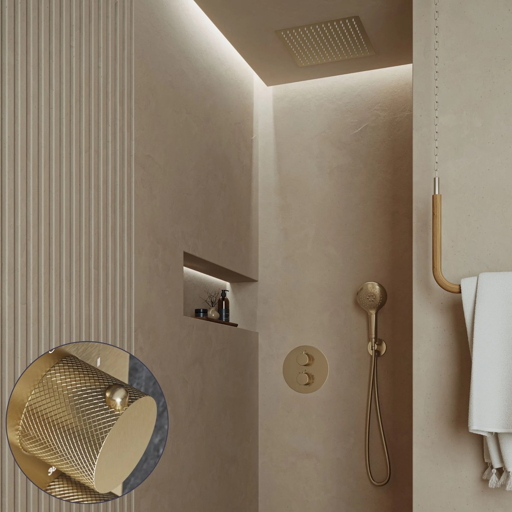 Saniclear Cube Curved inbouw regendouche rond met inbouw douchekop 30x30cm en 2 standen handdouche geborsteld messing - mat goud