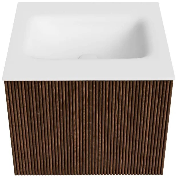 Mondiaz Kurve 50cm badmeubel walnut met 1 lade en wastafel grunne midden 1 kraangat