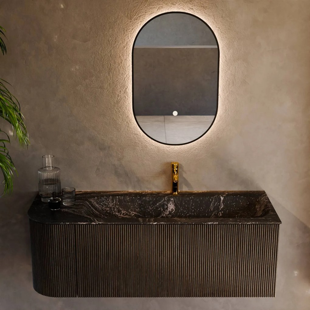 Mondiaz Kurve-dlux 125cm badmeubel ronding links shadow met 1 lade en deur en wastafel big medium kraangat rechts lava