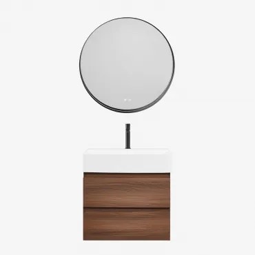 Badkamermeubelset Van Hout En Essenhoutfineer Met Geïntegreerde Wastafel Ona Donker Hout & Round Led And Antifog Zwart Ø80 Cm Kimacs - Sklum
